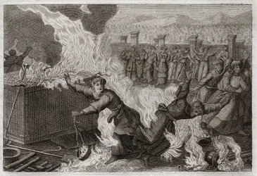 Bible of Royaumont, Old Testament: Nadab and Abiu. Nadab (Nadav) and Abiu (Abihou), the sons of Aaron, who set a foreign fire in their incenses, to offer incense unto God, were burned in the Tabernacle itself. Illustration from 1811