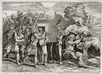 Bible of Royaumont, Old Testament: Passage of the Jordan. Joshua brings the Jordan to all the people. This river dries up, and the priests who bore the ark of the covenant came into it; and the waters rose up above and remained suspended like a mountain. I