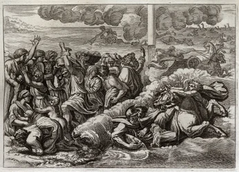 Bible of Royaumont, Old Testament: Pharaoh submerges in the Red Sea. The passage of the Red Sea by Moses and the Hebrews, drowning Pharaoh