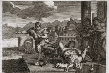 Bible of Royaumont, Old Testament: Punishment of Eli. God, in order to punish the great priest Eli for his negligence in taking over the orders of his children, allows him to fall from his seat and break his head by hearing the news of their death. Illustr