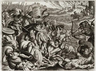 Bible of Royaumont, Old Testament: Punishment of the Benjamites. The tribe of Benjamin is exterminated. Illustration from 1811
