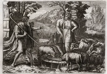 Bible of Royaumont, Old Testament: Rachel and Leah. Jacob serves Laban, his uncle, to marry his daughter Rachel. Illustration from 1811.