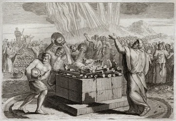 Bible of Royaumont, Old Testament: Sacrifice of Elijah. And having made the true God known by the miracle of fire which came down from heaven upon his sacrifice, commanded the people to kill the four hundred and fifty priests of the idol of Baal. Illustrat