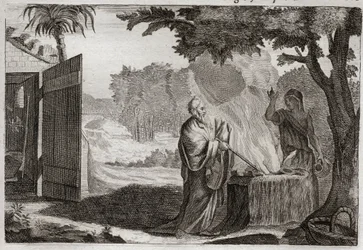 Bible of Royaumont, Old Testament: Sacrifice of Gedeon. Gedeon (Gideon) is called by God to take away the Jews from their enemies. He offers a sacrifice on a stone, from which he comes out a fire that consumes it. Illustration from 1811