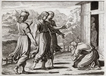 Bible of Royaumont, Old Testament: Sarah Conceives Isaac. Abraham Receives Three Angels Who Promise Sarah a Son. Illustration from 1811