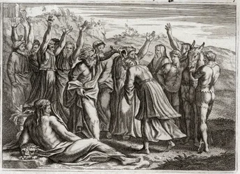 Bible of Royaumont, Old Testament: Solomon King. David established Solomon King at the prayers of Bethsabee and Prophet Nathan. Illustration from 1811