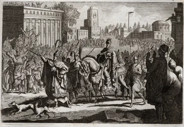 Bible of Royaumont, Old Testament: Triumph of Mordecai. Haman is forced by the King to proclaim the triumph of Mordecai his enemy throughout the city of Susa. Illustration from 1811.