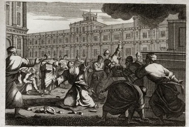 Bible of Royaumont, Old Testament: Zechariah stoned. Zechariah, the High Priest, is stoned by the command of Joash (Jehoash) king of Judah, because he took him from his orders. Illustration from 1811.