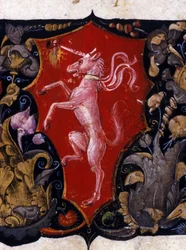 Blazon Decorating a Unicorn on a Red Background. Detail of a Miniature. 15th Century