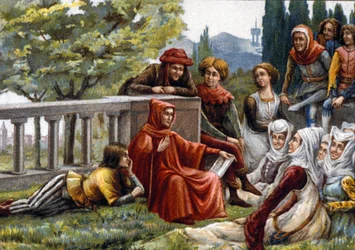 Boccacio reading the Decameron to his friends during the plague epidemic in Florence around 1348. chromolithograph of the late 19th century