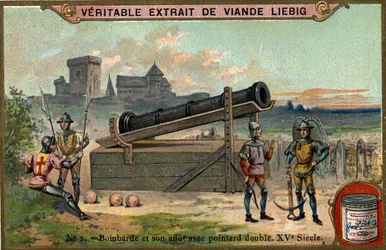 Bombarde and its watch with double pointard. 15th century. Chromo Liebig.