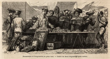 Book Makers and Brocanteurs in the Wind, Near Montanara Square, Under a Tent Set Up, Amateurs and Clerics Compete for a Bric-a-Brac of Antiques. Engraving to Illustrate the Voyage to Rome, by Francis Wey, 186