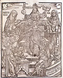 Branches of knowledge represented by Aristotle (top left) represents Natural Philosophy, with Seneca representing Moral Philosophy on the right, the Emperor Justinian (top centre). The woman in the centre has a sword and a flowering branch issuing from her