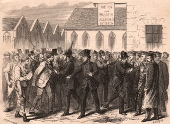Brawl between the University of Oxford students and workers in a street of Oxford, England