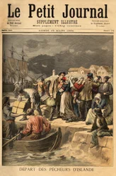 Breton sailors leaving Paimpol in the spring to search for cod on the coast of Iceland or Newfoundland. Engraving in 