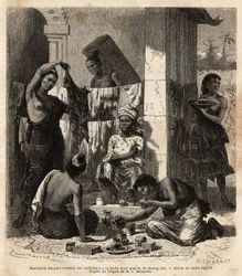 Burmese merchants selling fabrics and perfumes to Laotian women at the door of a pagoda in Muong Mai. Engraving to illustrate the voyage of exploration in Indochina, by Francis Garnier, lieutenant de Vaissseau, in 1866-1868, published in “Le tour du monde”