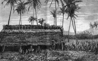 Canaques of New Caledonia in front of a box or a meeting house