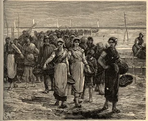 Cancale - Brittany - Les cancalaises au retour des bateau de fishing - engraving in PATRIE - DESCRIPTION PECTUREQUIREQUE DE LA FRANCE EN 6 VOLUES BY LUCIEN HUARD - end 19th century