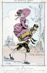 Car tax: a new way for little ladies not to pay taxes and to be advantageously noticed - caricature on new taxes