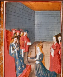 Carolingian dynasty: "The Carolingian king Charles II, called the Bald (823-877), takes control of the Western Empire upon the death of his father Louis the Pious in 840." Miniature from "Les Grandes Chroniques de France", 15th century, Turin, National