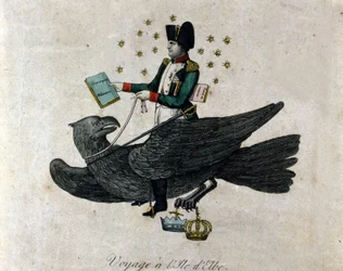 Cartoon about Napoleon about his exile on Elba Island. Napoleon on an eagle holds in his right hand a book entitled Military Conscription. Engraving of the period