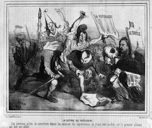 Cartoon on the election campaign for the first presidential election of 10 December 1848 with the Battle of the Newspapers.