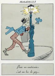 Cartoon showing the Statue of Liberty with a gas beak replacing the torch.