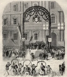 Charity feasts in Marseille commemorating the arrival of Francois I where he met Pope Clement VII: farandole danced at Place Saint-Ferreol in front of the grandstand of King Francois I. Engraving in 