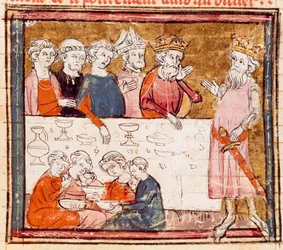Charlemagne and his nephew the rider Roland at a banquet where the poor. Miniature from 