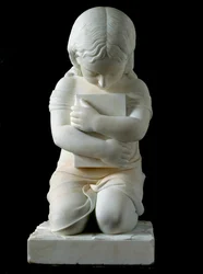 Child Kneeling Holding a Book in His Arms Anonymous 19th Century Marble Sculpture