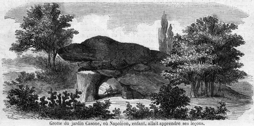 Childhood of Napoleon I: view of the cave of the garden Casone in Corsica where Napoleon (1769-1821) was going to learn his lessons. Engraving of the 19th century.