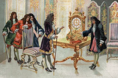 Portrait of Christiaan Huygens (1629-1695), Dutch mathematician and astronomer, presenting his clock to Louis XIV