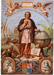Christopher Columbus. On the left, portrait of Isabella the Catholic, Queen of Castile (1451-1504). Spanish chromolithography of the 19th century