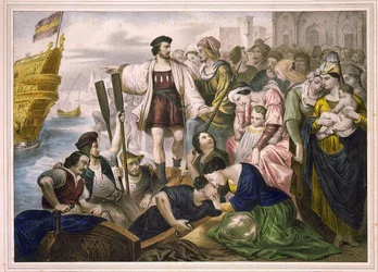Christopher Columbus and the Pinzon Brothers Leaving the Port of Palos in Spain on 03/08/1492 for the New World. Engraving 2nd Half of the 19th Century