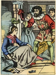 Cinderella tries the glass shoe found by the prince. Illustration of Charles Perrault