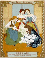 Cinderella tries the slipper of vair - Bon Marché advertising label
