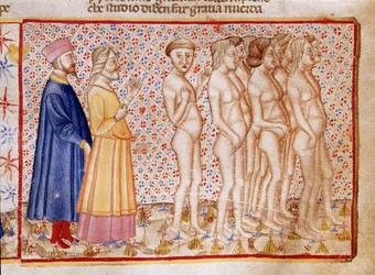 Circle of violent towards God, nature and art: Dante and Virgil meet blasphemers. Illuminated page illustrating a song of Hell from the 