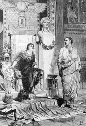Cleopatra (69 BC - 30 BC), Queen of Egypt and Octave, came to talk with her after the defeat of Actium and the death of Marc Antony (19th century engraving)