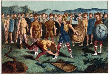 Clovis and the Frankish warrior who broke the Vase of Soissons in 486. Chromolithography of the 19th century