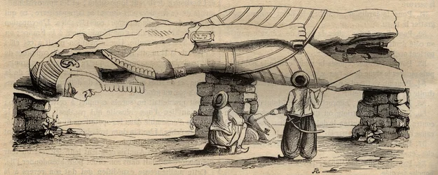 Colossus of Ramses II found in 1820, near the southern gate of the temple of Ptah located about thirty meters away, by the Italian traveler Giovanni Battista Caviglia - engraving of 1838