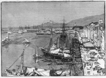 Commercial ship and arsenal in the port of Toulon (Var), France