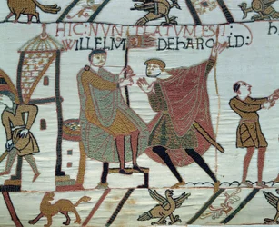 Conquest of England by William the Conqueror in 1066: A Lookout Reports to William at the Battle of Hastings (Detail of Bayeux Tapestry)