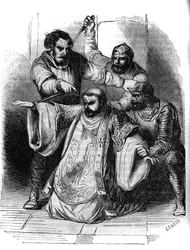 Conspiracy against Charlemagne, 792: a lord surprises the conversation between conspirators planning the murder of the King of the Franks. Among them, Pepin the Hunchback (769-811), son of Charlemagne. Engraving of the 19th century.