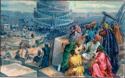 Construction of the Tower of Babel. Chromolithography of the end of the 19th century.