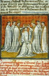 Coronation of Hugh Capet (987) by Adalberon (ca. 925-990), Archbishop of Reims - illumination on vellum from the medieval manuscript “Great Chronicles of Saint-Denis”, late 14th century (ref. 512)