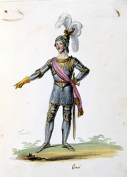 Costume for the character of Tancrede drawn by Gironi for the opera “Tancredi” (Tancrede) by Gioacchino Rossini. 1813