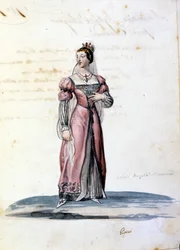 Costume of young lady of the nobility of Syracuse drawn by Gironi for the opera “Tancredi” (Tancrede) by Gioacchino Rossini. 1813