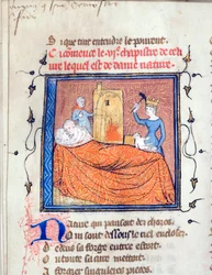 Couple embracing in bed, a queen killing an infant, and another character setting a house on fire. Illuminated page from the manuscript "The Romance of the Rose" by Guillaume de Lorris (c. 1200-1238) and Jean de Meun (1240-1305)
