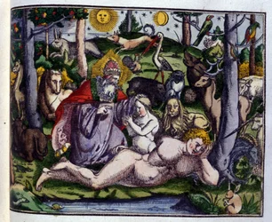 Creation: God represented surrounded by human beings and animals (dog, crane, lion, deer, beaver, monkey, unicorn, wild boar, parrots, rabbit...), according to Historiae animalium by Konrad Gesner
