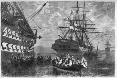 Cretan revolt of 1866-1869: Cretan families seeking asylum on ships of neutral powers. Engraving in 